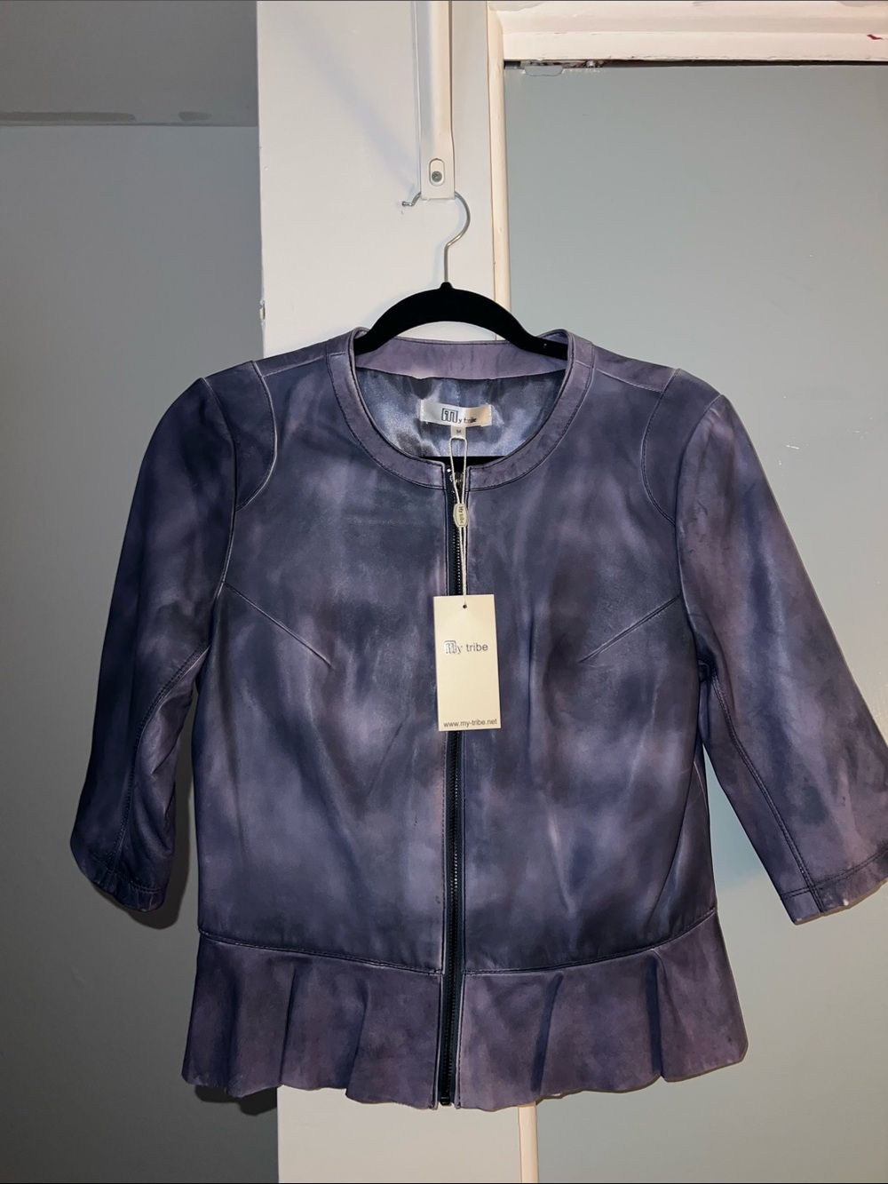 My Tribe Purple Tie-Dye Genuine Leather Peplum Jacket - Zip Front